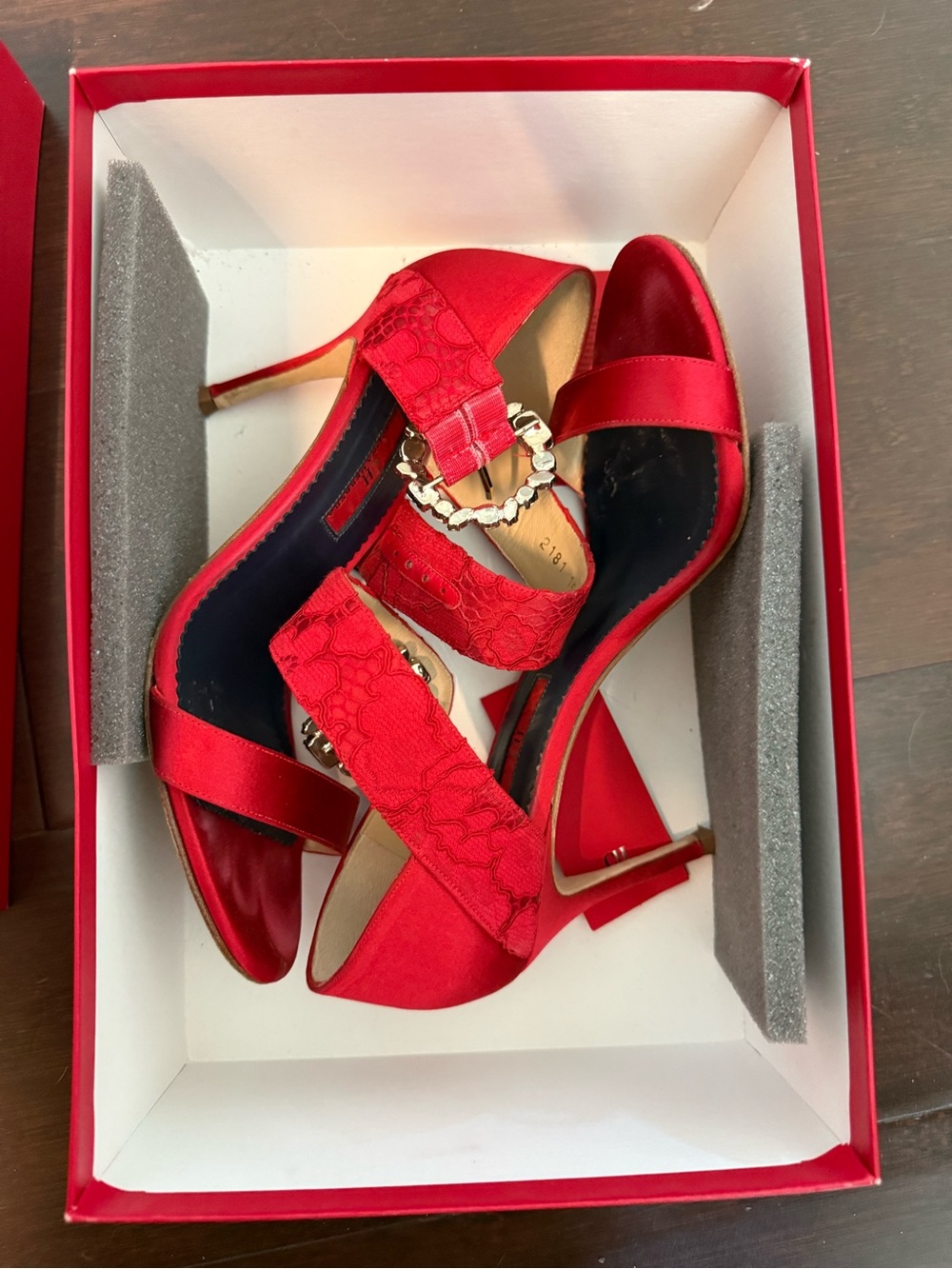 Carolina Herrera Red Lace and Satin High Heel Sandals with Chain Accent